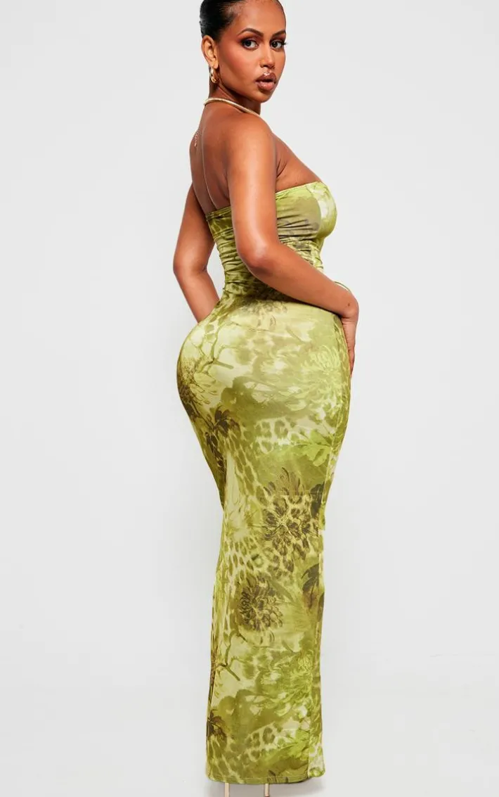 Shape Green Printed Bandeau Lace Up Maxi Dress