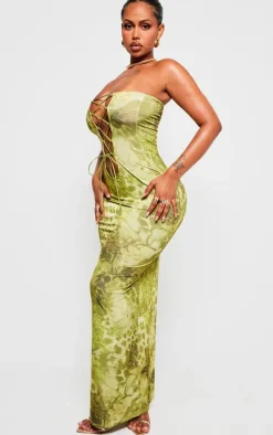 Shape Green Printed Bandeau Lace Up Maxi Dress