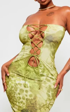 Shape Green Printed Bandeau Lace Up Maxi Dress