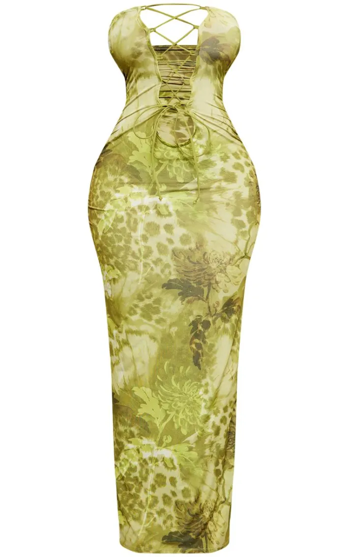 Shape Green Printed Bandeau Lace Up Maxi Dress