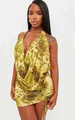 Shape Green Printed Slinky Halterneck Cowl Ruched Bodycon Dress