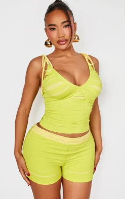 Shape Green Seamless Shredded Shoulder Tie Crop Top