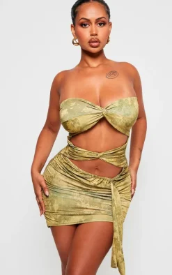 Shape Green Slinky Tie Dye Print Bandeau Twist Front Bodycon Dress