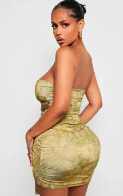 Shape Green Slinky Tie Dye Print Bandeau Twist Front Bodycon Dress