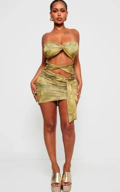 Shape Green Slinky Tie Dye Print Bandeau Twist Front Bodycon Dress