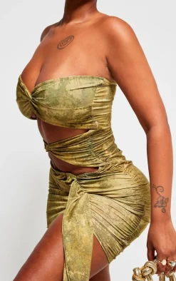 Shape Green Slinky Tie Dye Print Bandeau Twist Front Bodycon Dress