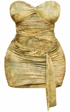 Shape Green Slinky Tie Dye Print Bandeau Twist Front Bodycon Dress