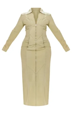 Shape Green Washed Denim Long Sleeve Midaxi Dress