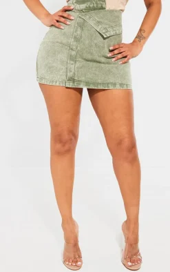 Shape Green Washed Denim Foldover Waist Mini Skirt