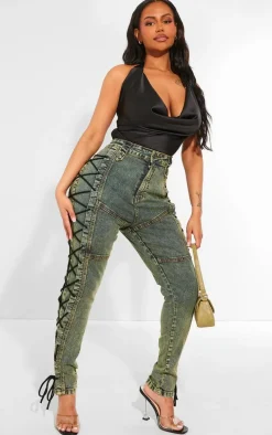 Shape Green Washed Denim Lace Up Skinny Jeans