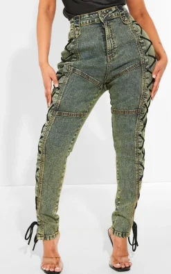 Shape Green Washed Denim Lace Up Skinny Jeans
