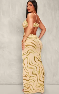 Shape Green Zebra Printed Mesh Knot Cut Out Maxi Dress