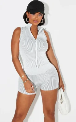 Shape Grey Contrast Snatched Rib Sleeveless Zip Front Top