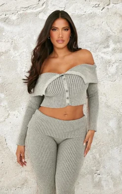 Shape Grey Fold Over Bardot Button Up Ribbed Top