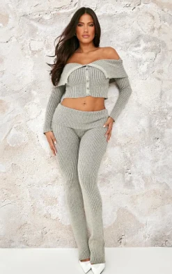 Shape Grey Fold Over Bardot Button Up Ribbed Top