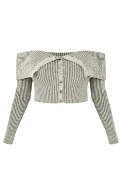 Shape Grey Fold Over Bardot Button Up Ribbed Top