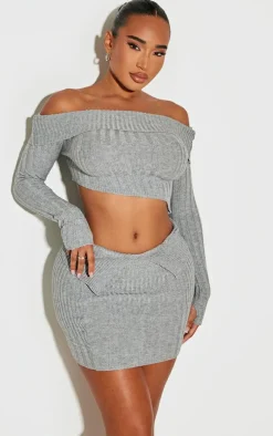 Shape Grey Fold Over Rib Knit Dipped Hem Top