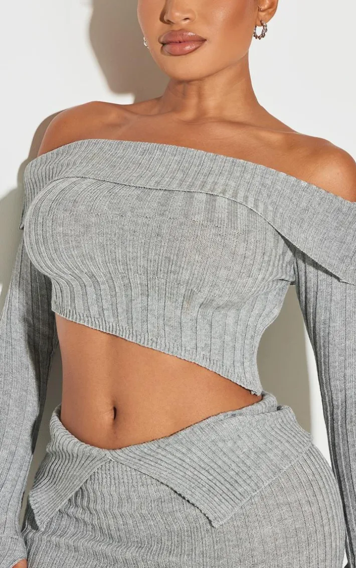 Shape Grey Fold Over Rib Knit Dipped Hem Top