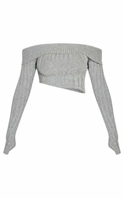 Shape Grey Fold Over Rib Knit Dipped Hem Top