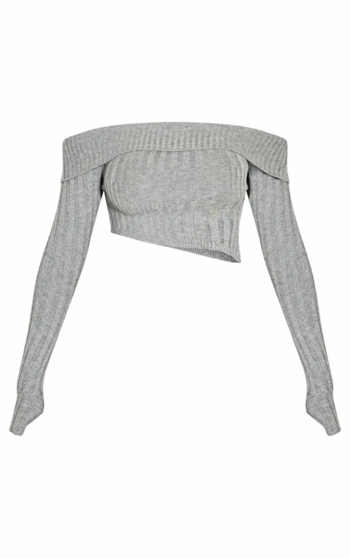 Shape Grey Fold Over Rib Knit Dipped Hem Top