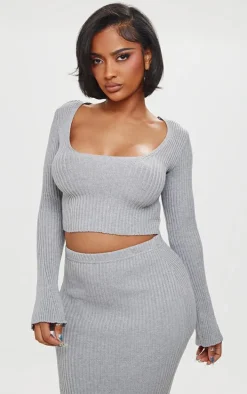 Shape Grey Knit Ribbed Long Sleeve Plunge Crop Top