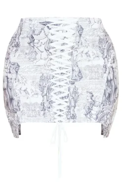 Shape Grey Renaissance Printed Lace Up Mini Skirt