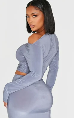 Shape Grey Ruched Off Shoulder Long Sleeve Top