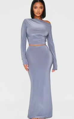 Shape Grey Ruched Off Shoulder Long Sleeve Top