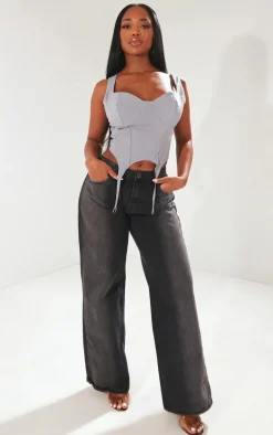 Shape Grey Stretch Woven Suspender Detail Corset Top