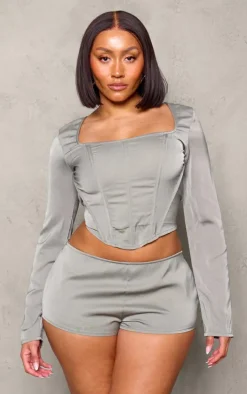Shape Grey Woven Boning Detail Long Sleeve Corset