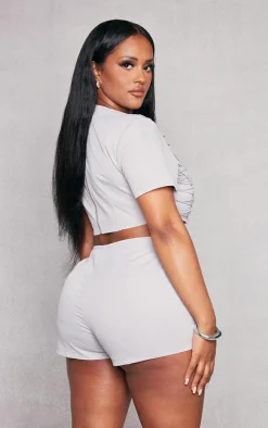 Shape Grey Woven Lace Up Detail Cropped T Shirt