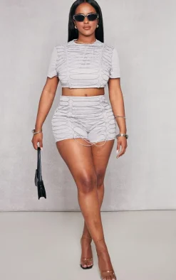 Shape Grey Woven Lace Up Detail Cropped T Shirt