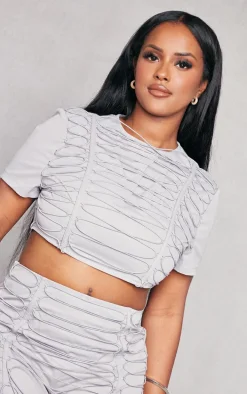 Shape Grey Woven Lace Up Detail Cropped T Shirt