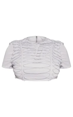 Shape Grey Woven Lace Up Detail Cropped T Shirt