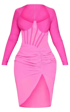Shape Hot Pink Corset Detail Long Sleeve Ruched Midi Dress