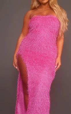 Shape Hot Pink Faux Feather Glitter Bandeau Split Side Maxi Dress