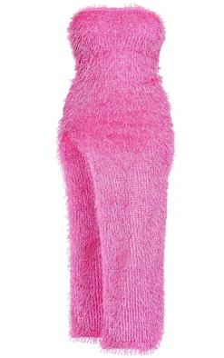 Shape Hot Pink Faux Feather Glitter Bandeau Split Side Maxi Dress