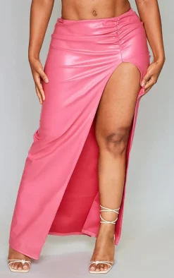 Shape Hot Pink Faux Leather Ruched High Leg Skirt