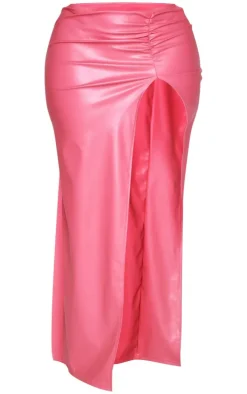 Shape Hot Pink Faux Leather Ruched High Leg Skirt