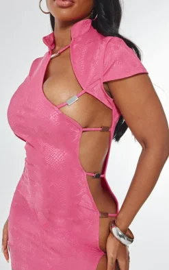 Shape Hot Pink Faux Leather Cut Out Snake Print Dress