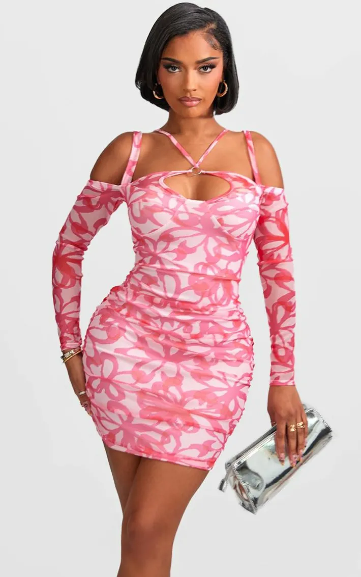 Shape Hot Pink Floral Print Mesh Ring Halterneck Ruched Bodycon Dress