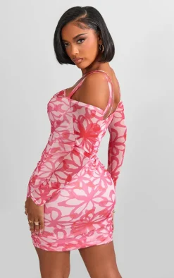 Shape Hot Pink Floral Print Mesh Ring Halterneck Ruched Bodycon Dress