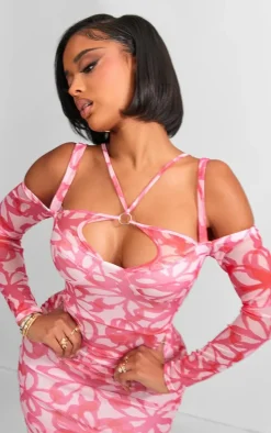 Shape Hot Pink Floral Print Mesh Ring Halterneck Ruched Bodycon Dress