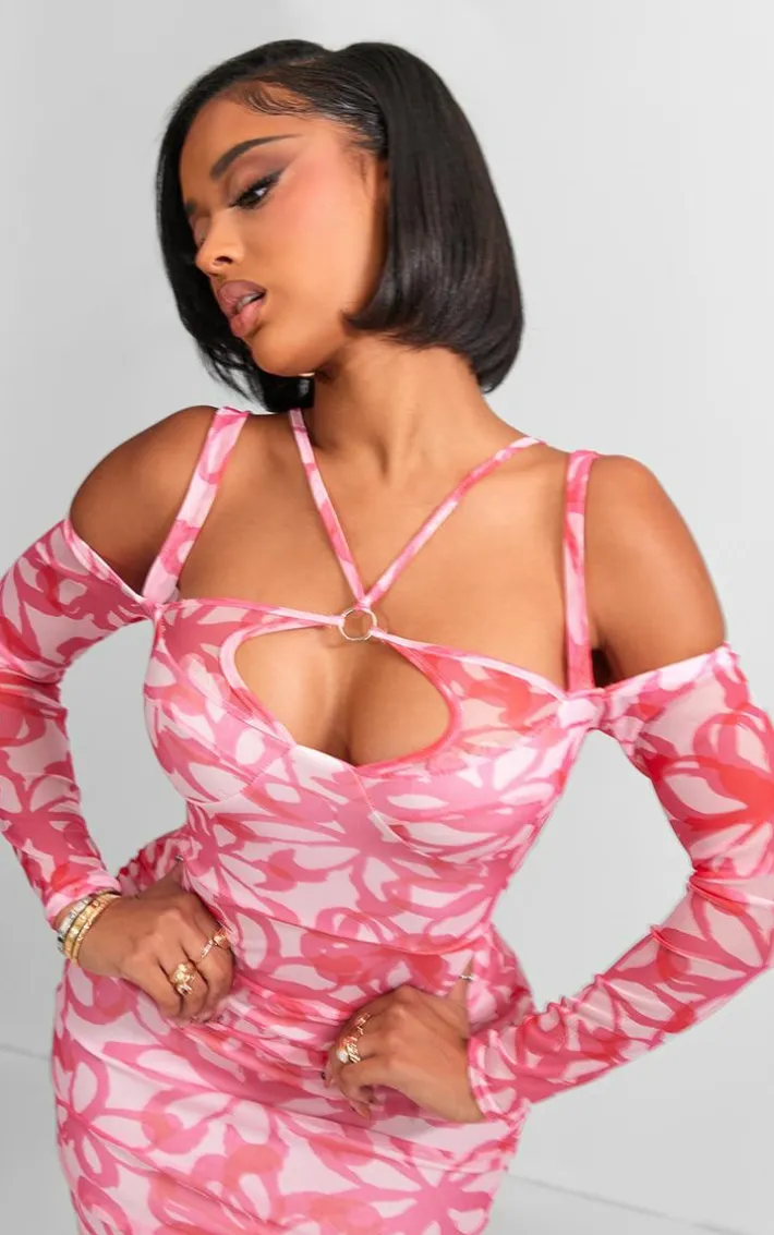 Shape Hot Pink Floral Print Mesh Ring Halterneck Ruched Bodycon Dress