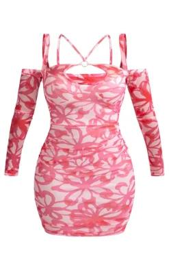 Shape Hot Pink Floral Print Mesh Ring Halterneck Ruched Bodycon Dress