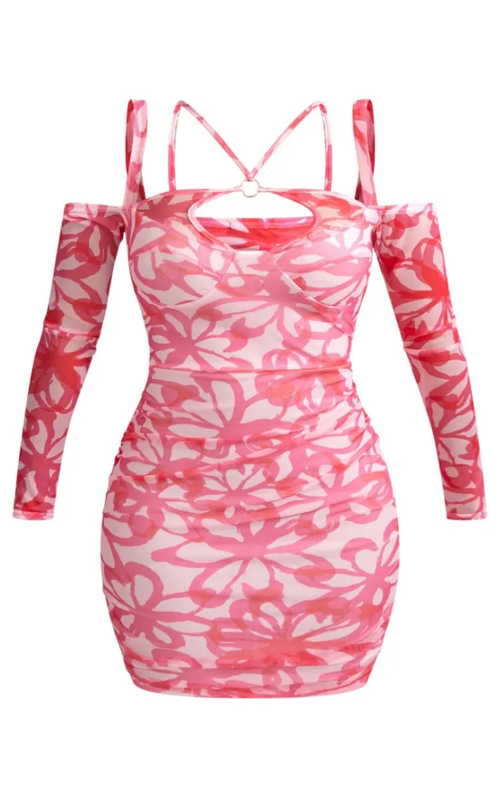 Shape Hot Pink Floral Print Mesh Ring Halterneck Ruched Bodycon Dress