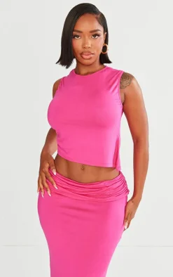 Shape Hot Pink Jersey Ruched Side Asymmetric Hem Crop Top
