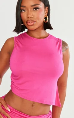 Shape Hot Pink Jersey Ruched Side Asymmetric Hem Crop Top
