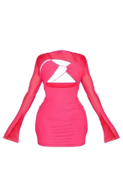 Shape Hot Pink Mesh Lace Up Detail Overlay Bodycon Dress