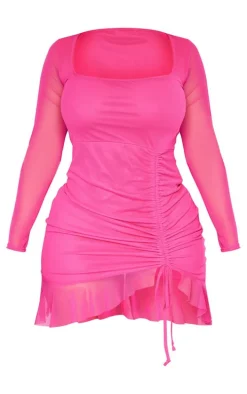 Shape Hot Pink Mesh Long Sleeve Ruched Side Frill Hem Bodycon Dress